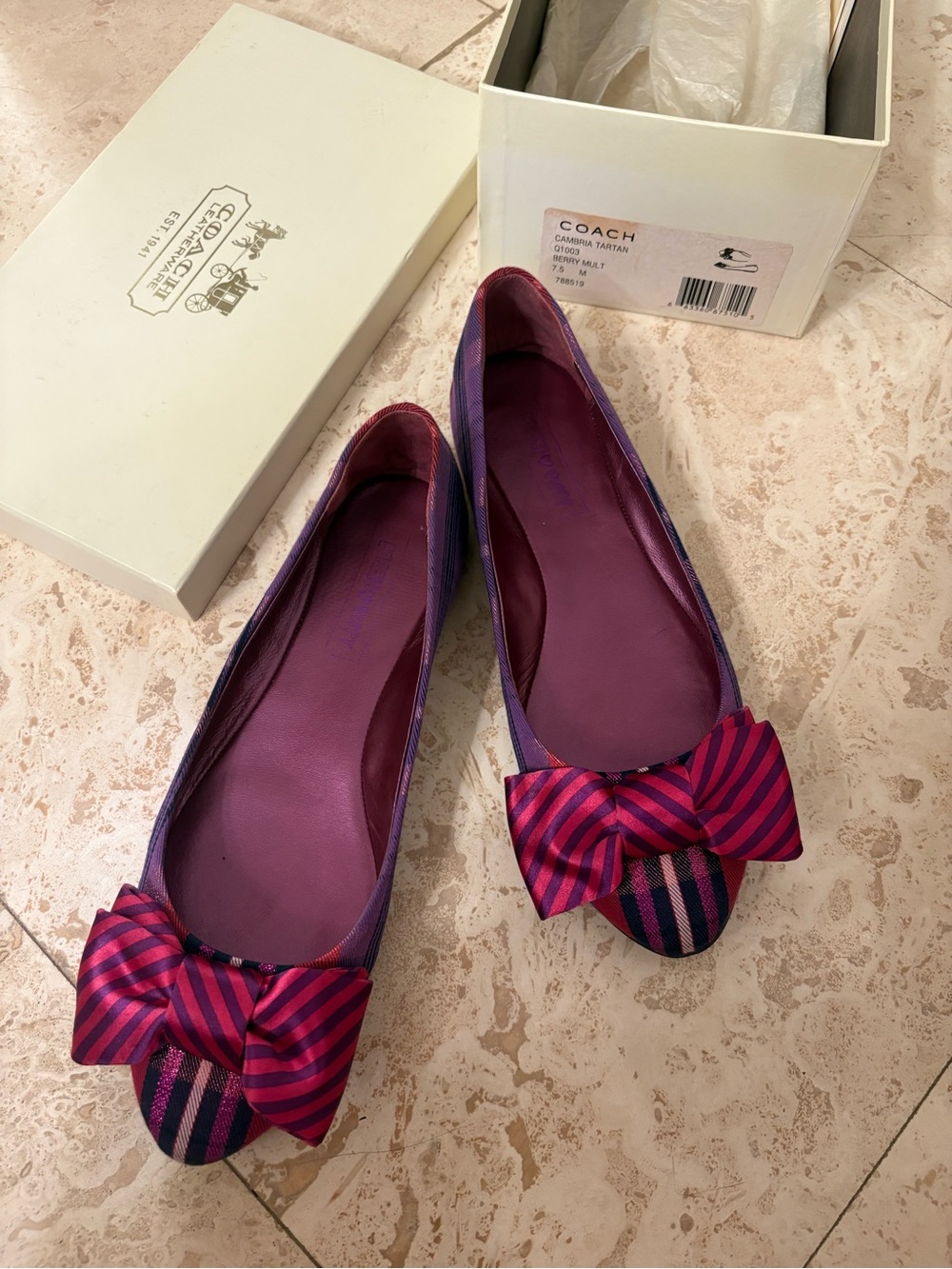COACH Satin Ballet Flats Bow Berry Multi Size 7.5